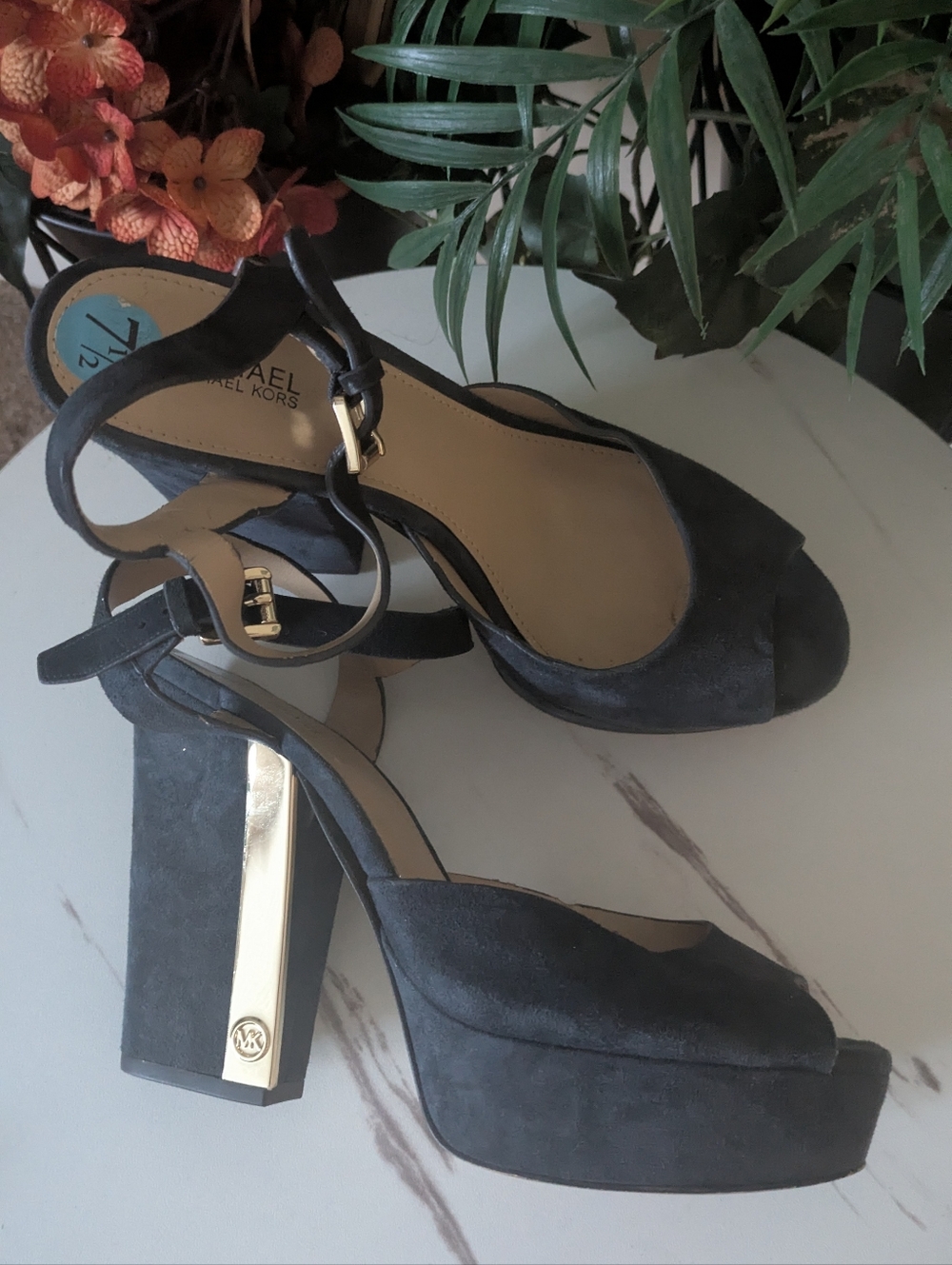 MICHAEL Michael Kors Black Suede Platform Sandals with Gold Trim